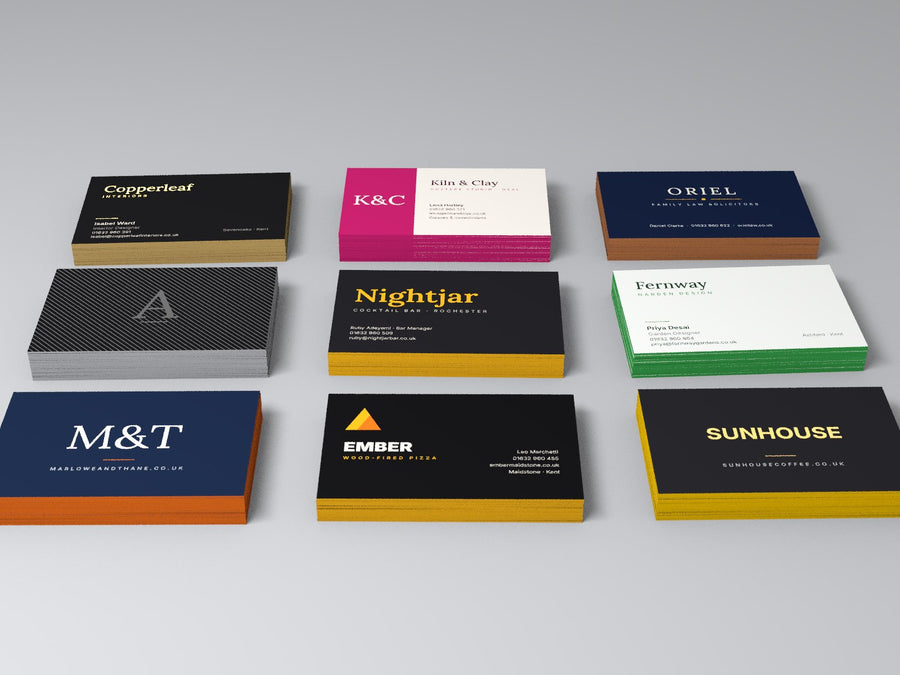 Business cards in foil, spot UV, soft touch and coloured edge finishes