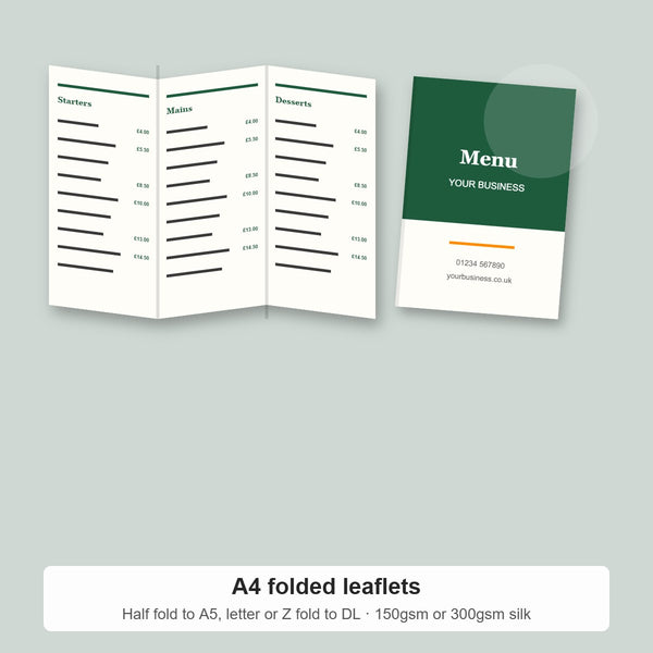 A4 tri-fold DL menu leaflet and folded A5 cover