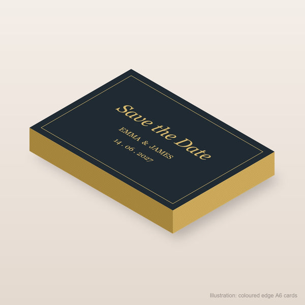 Illustration of A6 save the date cards with gold painted edges