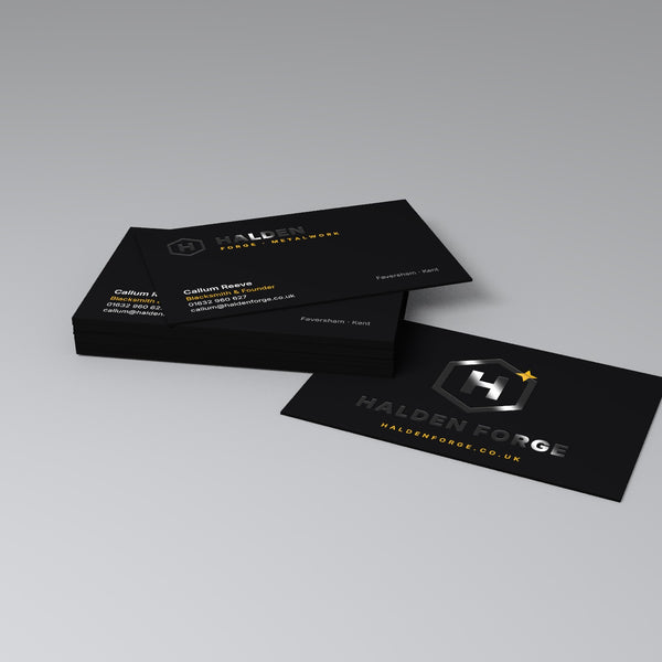 Black 700gsm soft touch business cards with black painted edges and black gloss spot UV logo