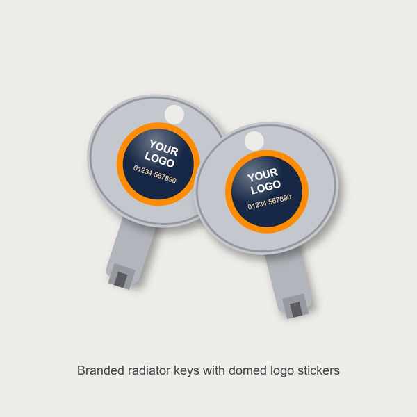 Radiator bleed keys with domed logo stickers