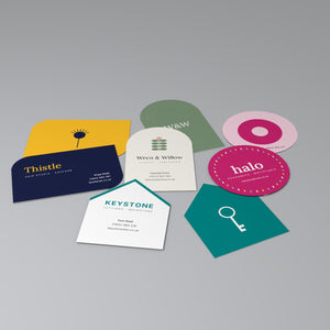 Die-cut shaped business cards: arch, circle, house and leaf shapes