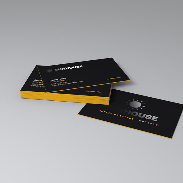 450gsm spot UV business cards, black with gloss logo and yellow coloured edges